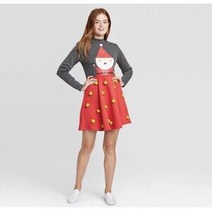 Womens Santa Pom Pom Ugly Christmas Dress Size S Gray Red Holiday Novelty Party